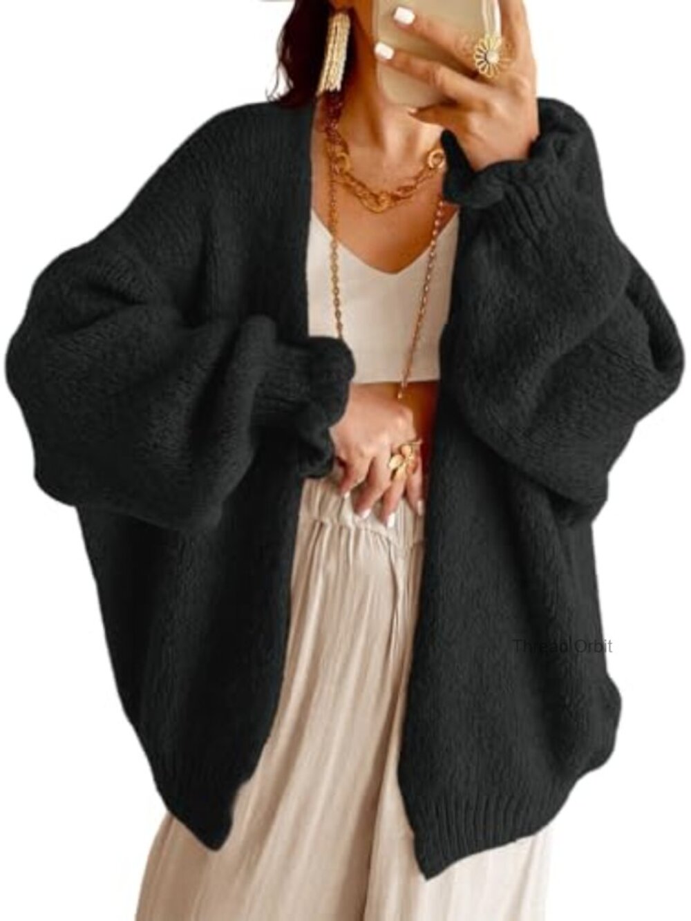 Chunky Oversized Open Front Long Lantern Sleeve Cardigan Sweater